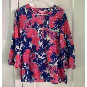 Lilly Pulitzer Secret Garden 3/4 Sleeve Floral Top Pink Blue Cotton size M
